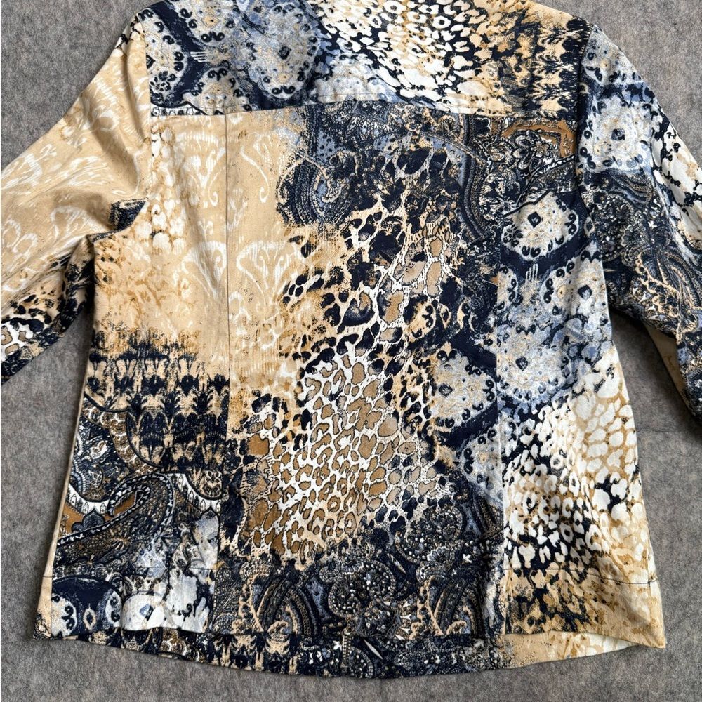 Chico's‎ Jacket Women's 1 Beige Black Printed Cotton Stretch Collared Full Zip - Picture 9 of 9